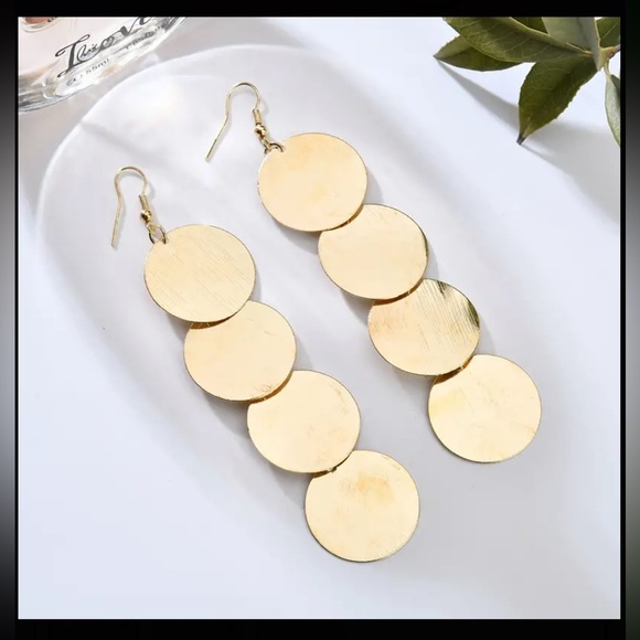 Jewelry - Long Round Disc Gold Drop Earrings